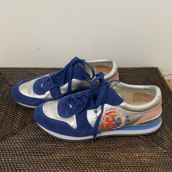 Tory Burch Blue‎ and Silver Sneakers Brielle Size 9 Leather Lace embroidery - Picture 3 of 10